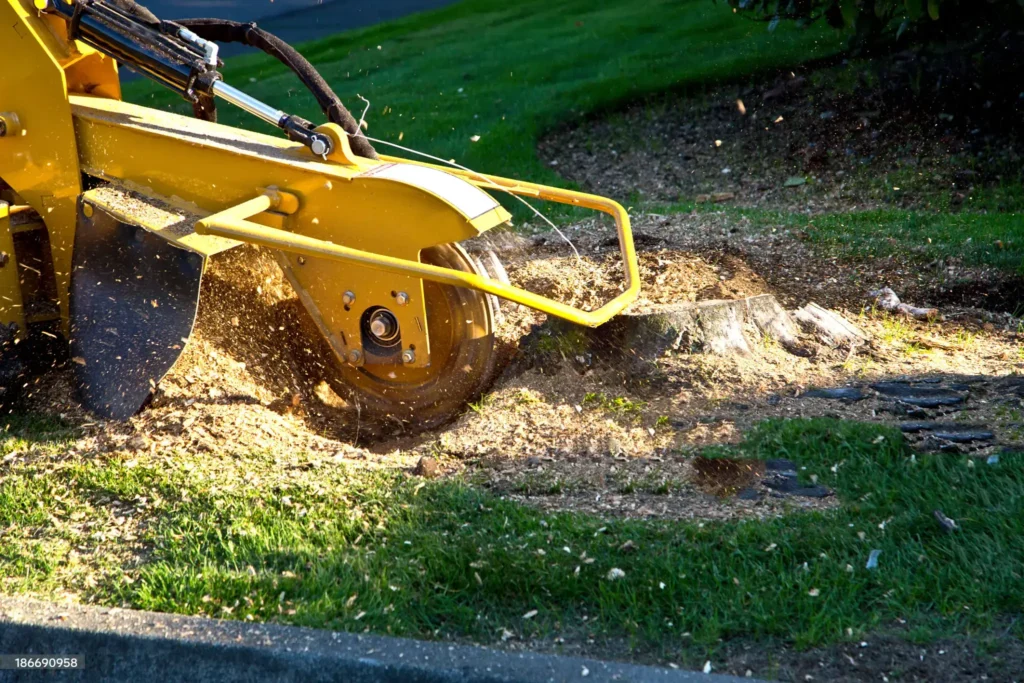 Yellow stump grinder grinding tree stump. Coastwide Contracting Tree Stump Removal and Tree Stumo Grinding Services in Newcastle, Port Stephens, Mid North Coast, Maitland and The Hunter Valley.